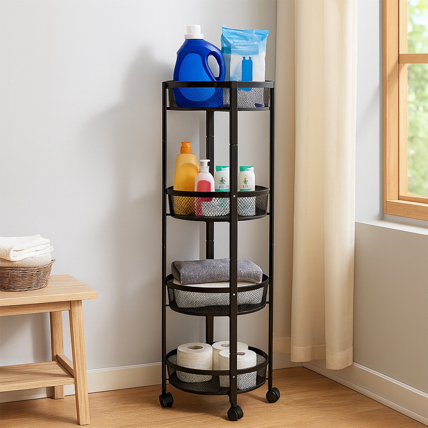 4-Layer Round Metal Mesh Storage Organizer Rack with Wheels (1 Pc) 4-Layer Round Metal Mesh Storage Organizer Rack with Wheels (1 Pc)